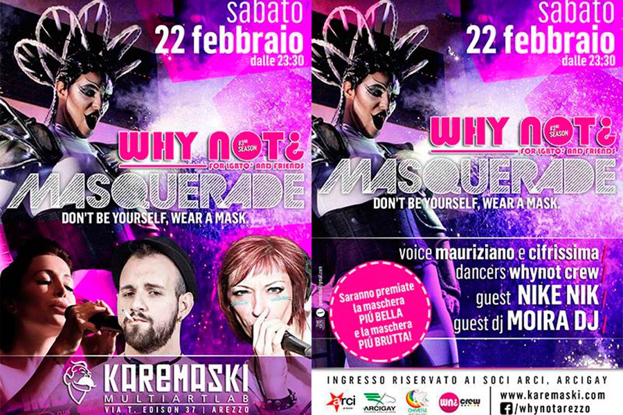 ‘Why Not¿ Masquerade’: sabato 22 febbraio torna la festa lgbt-friendly